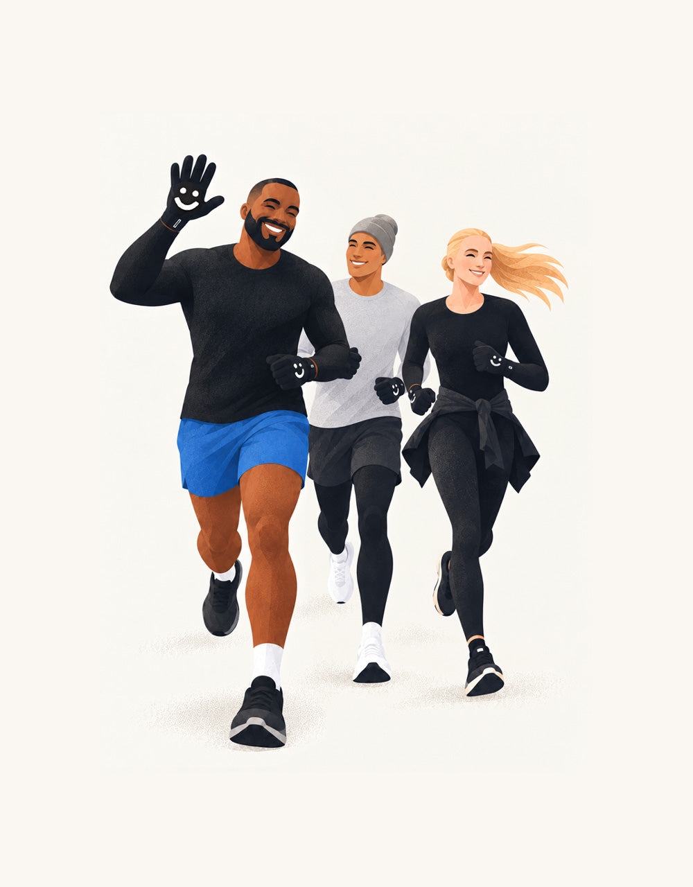 Three smiling runners waving in LOFFI gloves